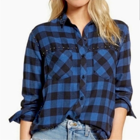 Rails Rex Studded Navy and Black Checkered Shirt - Picture 1 of 7